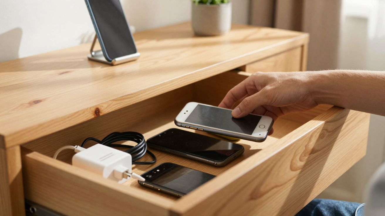 Pessoa a usar carregamento por indução para telemóveis num gaveta de madeira com vários dispositivos e carregador.