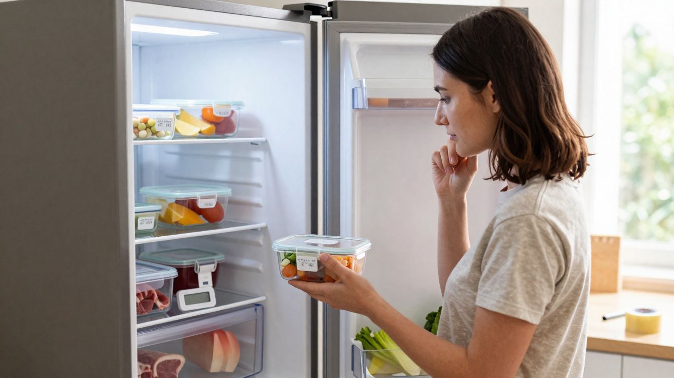 Mulher a olhar para um recipiente de comida enquanto abre a porta do frigorífico na cozinha.