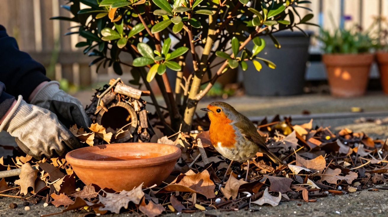 Pássaro com peito laranja perto de uma tigela de barro rodeado por folhas secas e mãos a arranjar o jardim.