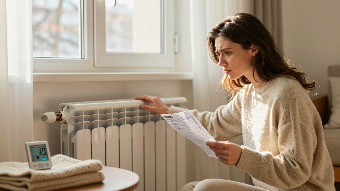 Mulher preocupa-se ao ajustar radiador em casa enquanto lê uma fatura de energia.