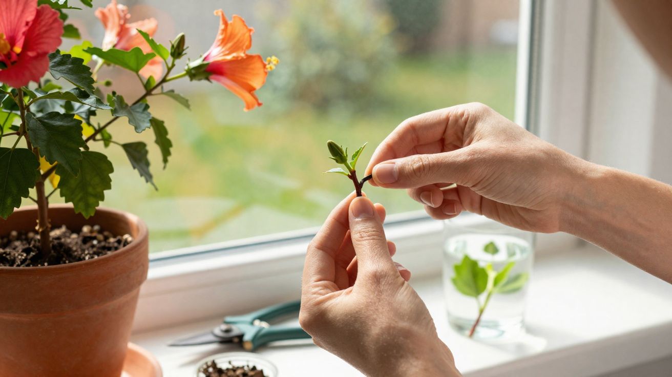 Mãos a propagar uma planta de hibisco junto a um vaso e uma janela iluminada naturalmente.