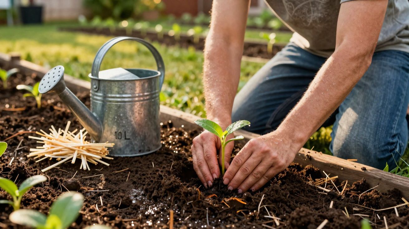 Pessoa a plantar uma muda num canteiro com regador metálico e terra húmida ao fundo.