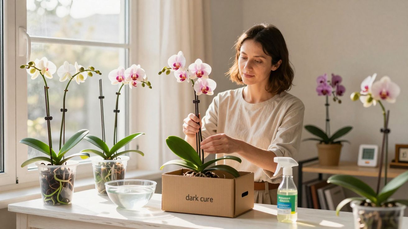 Mulher a cuidar de orquídeas em vaso numa sala iluminada com janela e mesa de madeira clara.
