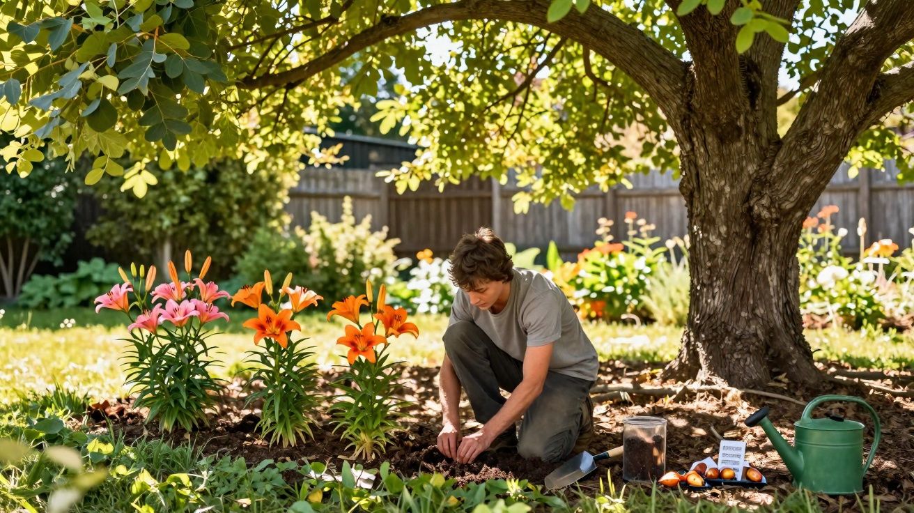 Homem a plantar flores num jardim sob uma árvore grande em dia ensolarado.