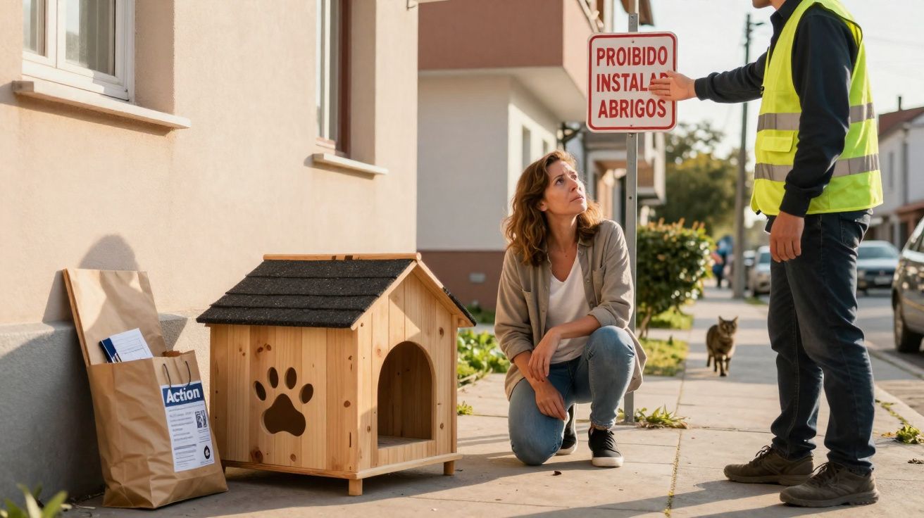 Mulher junto a casota de cão na rua com homem em colete refletor a mostrar sinal de proibição.