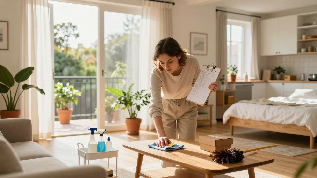 Mulher a limpar uma mesa de madeira na sala de estar com plantas e cama ao fundo, luz natural entra pela janela.