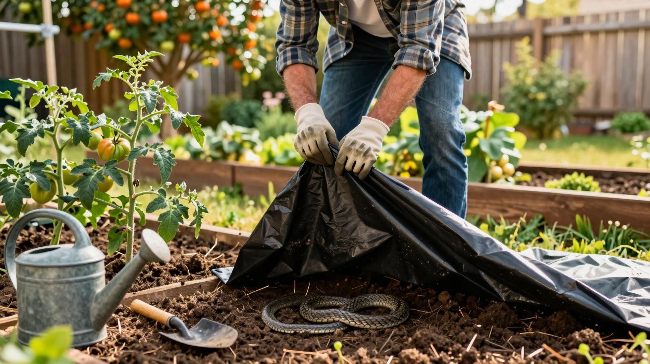 Pessoa a levantar plástico do solo num jardim, revelando uma cobra enrolada na terra.