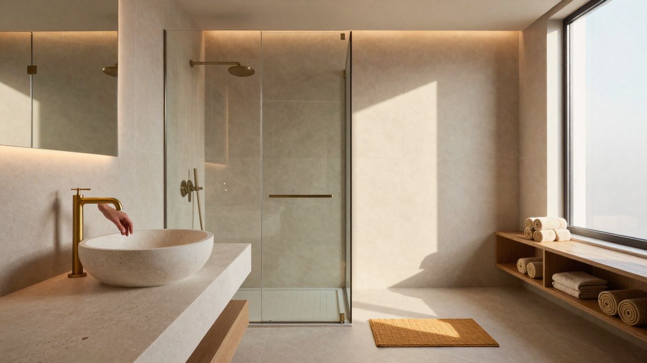 Casa de banho moderna com duche, lavatório redondo e iluminação natural suave, tons neutros e madeira.