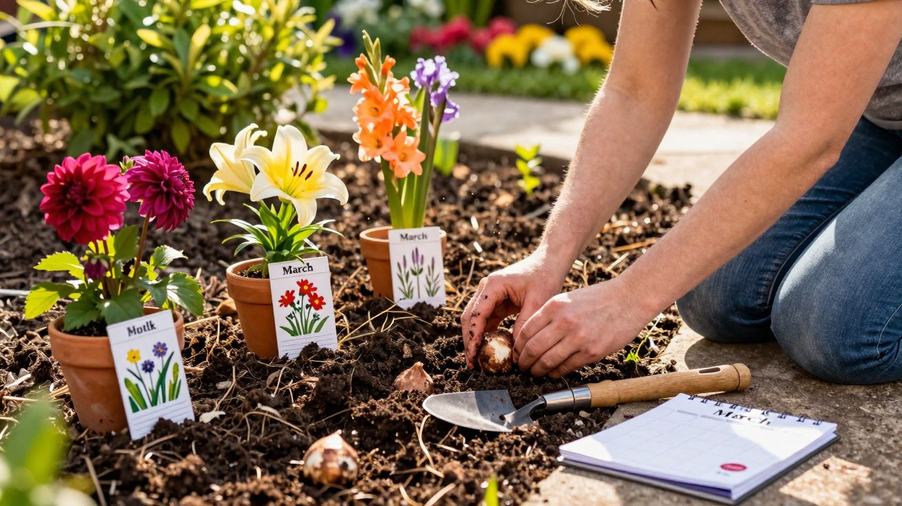Pessoa a plantar bulbos de flores em canteiro de jardim com vasos e calendário ao lado.