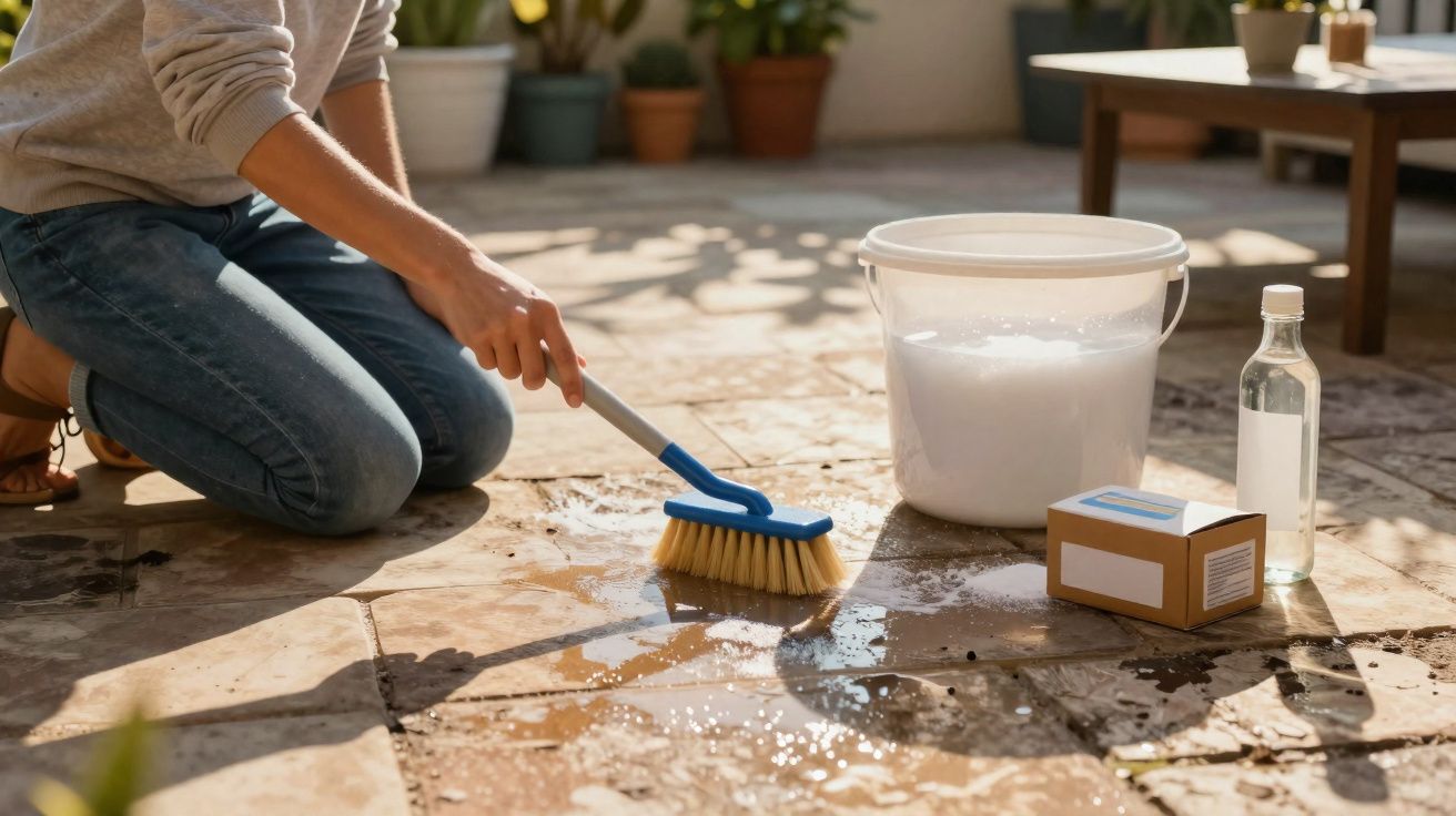 Pessoa de joelhos a limpar um chão de pedra com escova, balde com espuma e produtos de limpeza ao lado.