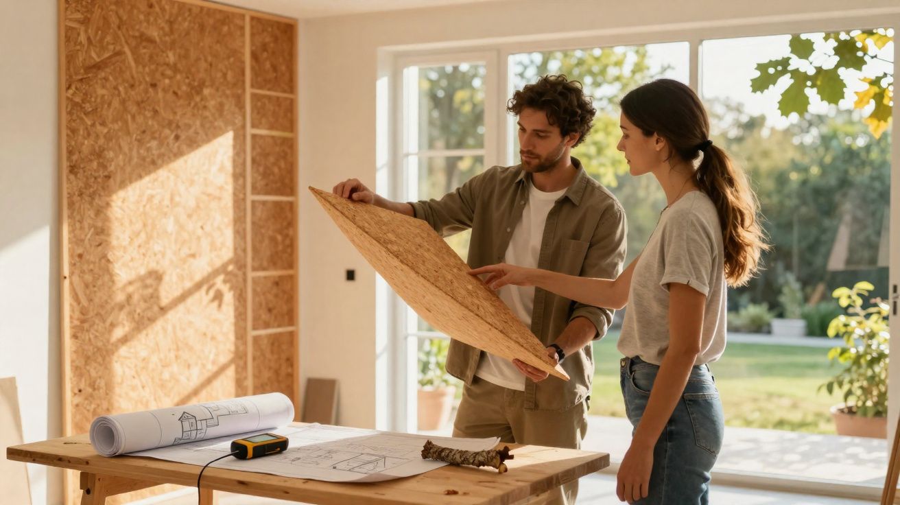 Casal jovem a analisar projeto de construção numa sala luminosa com plantas no exterior.