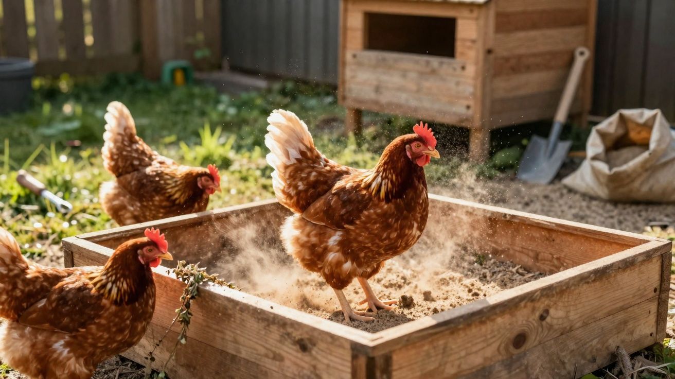 Galinha a tomar banho de pó numa caixa de madeira num quintal ensolarado.