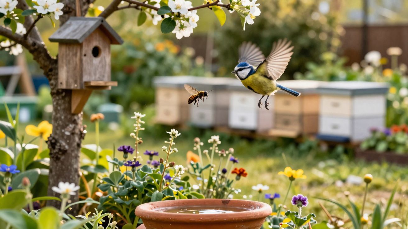 Pássaro azul em voo perto de uma abelha, à frente de floreira com flores e caixas de colmeias ao fundo.