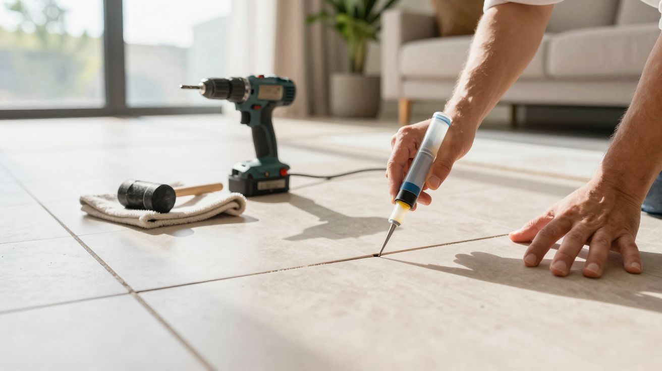 Pessoa a aplicar borracha em juntas de pavimento cerâmico numa sala com ferramentas próximas.