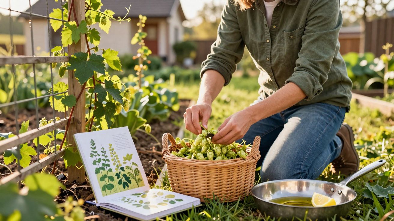 Pessoa a apanhar lúpulo num cesto ao ar livre, com livro de plantas e panela com limão no chão.