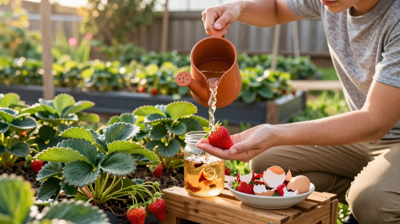 Pessoa a regar morango numa quinta com regador castanho ao pôr do sol.