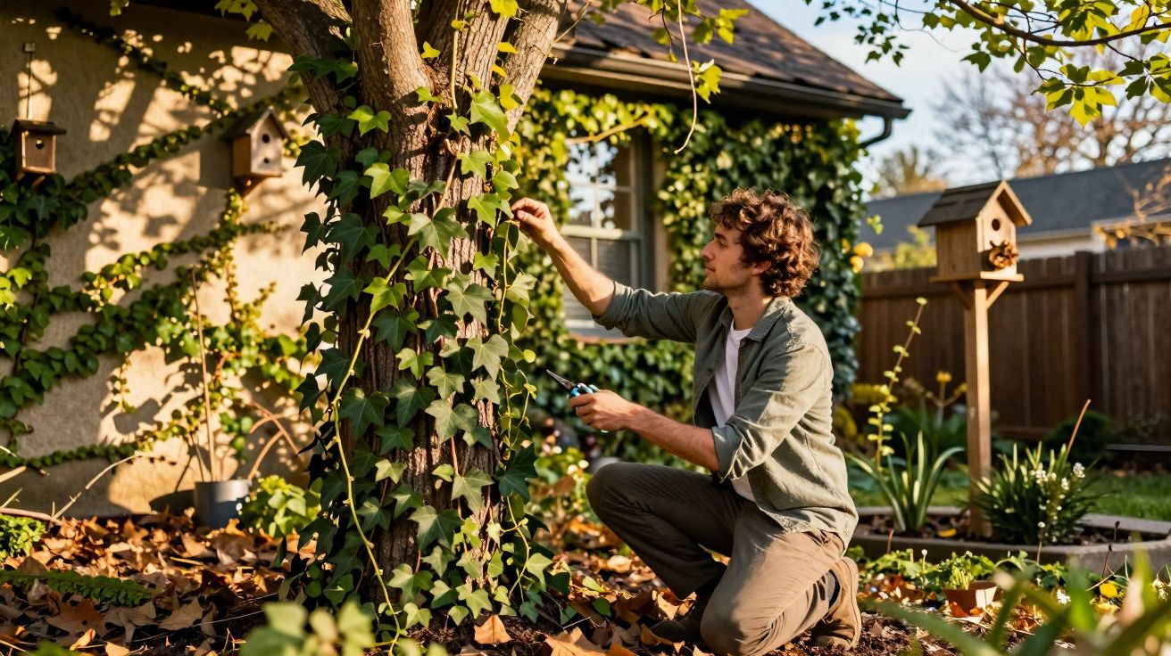 Homem a podar folhas de hera numa árvore num jardim com casas de pássaros ao fundo.