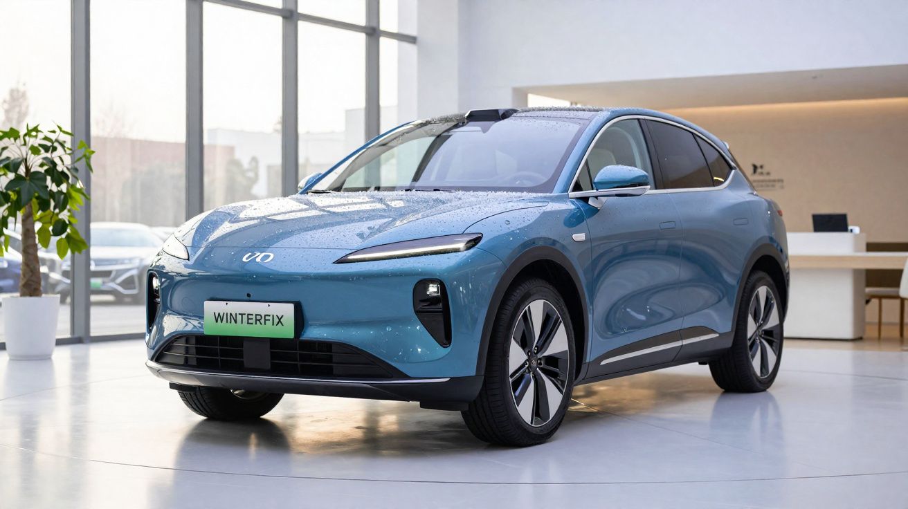 Carro elétrico azul com design moderno em exposição numa sala com janelas grandes e plantas.