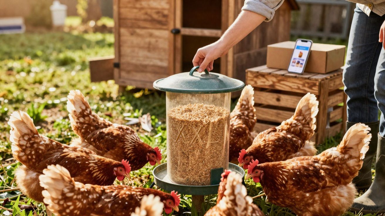 Galinha a comer ração em alimentador automático no quintal com pessoa a abrir tampa.