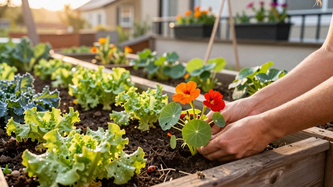 Pessoa a plantar flores laranja e vermelhas numa horta com alfaces e legumes, ao entardecer.