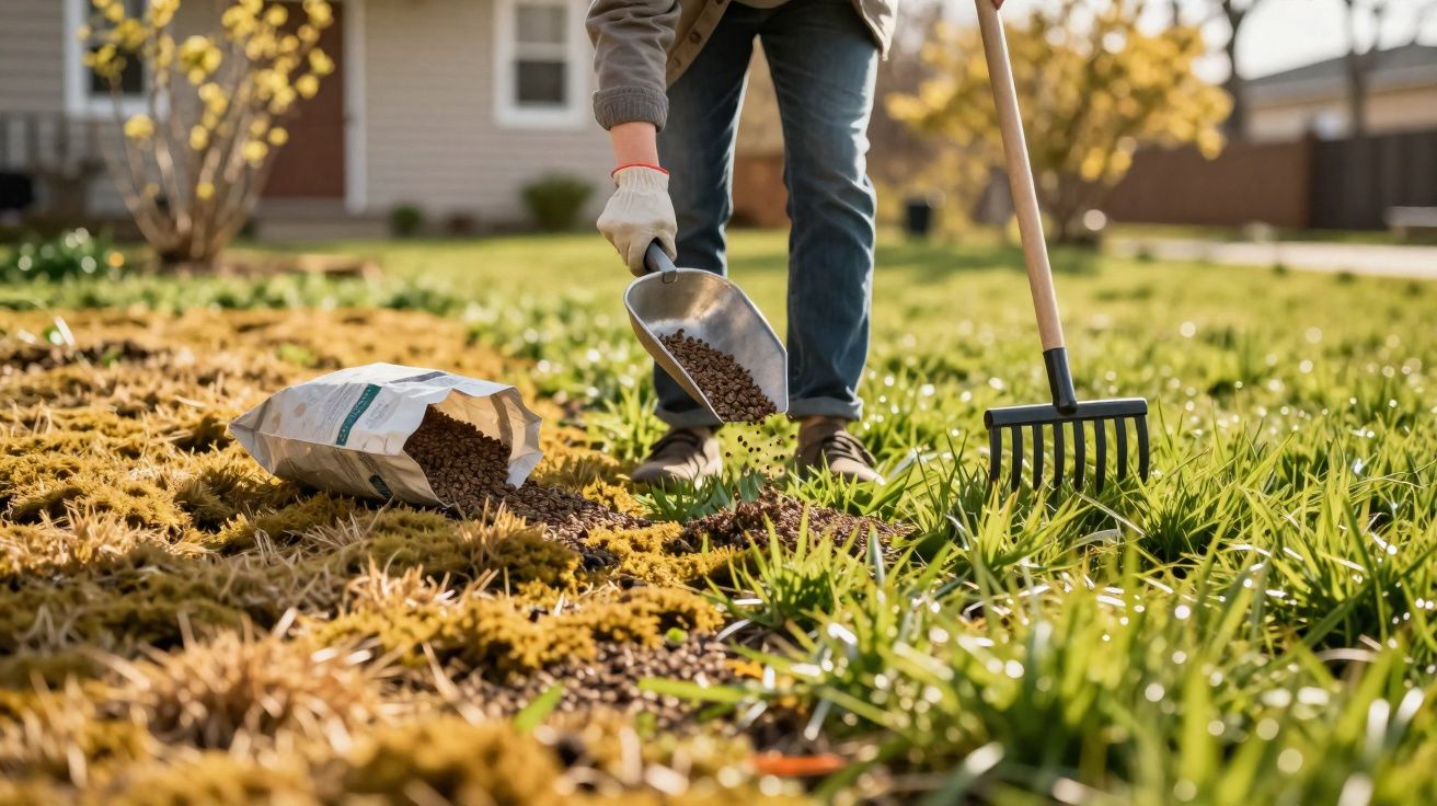 Pessoa a espalhar adubo com pá e ancinho num jardim com relva e plantas, sob luz solar.