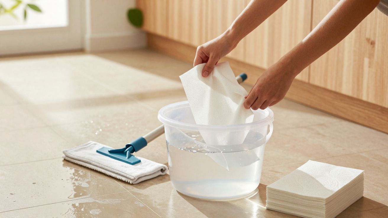 Mãos a molhar um pano em água num balde para limpar chão com esfregona e panos ao lado.