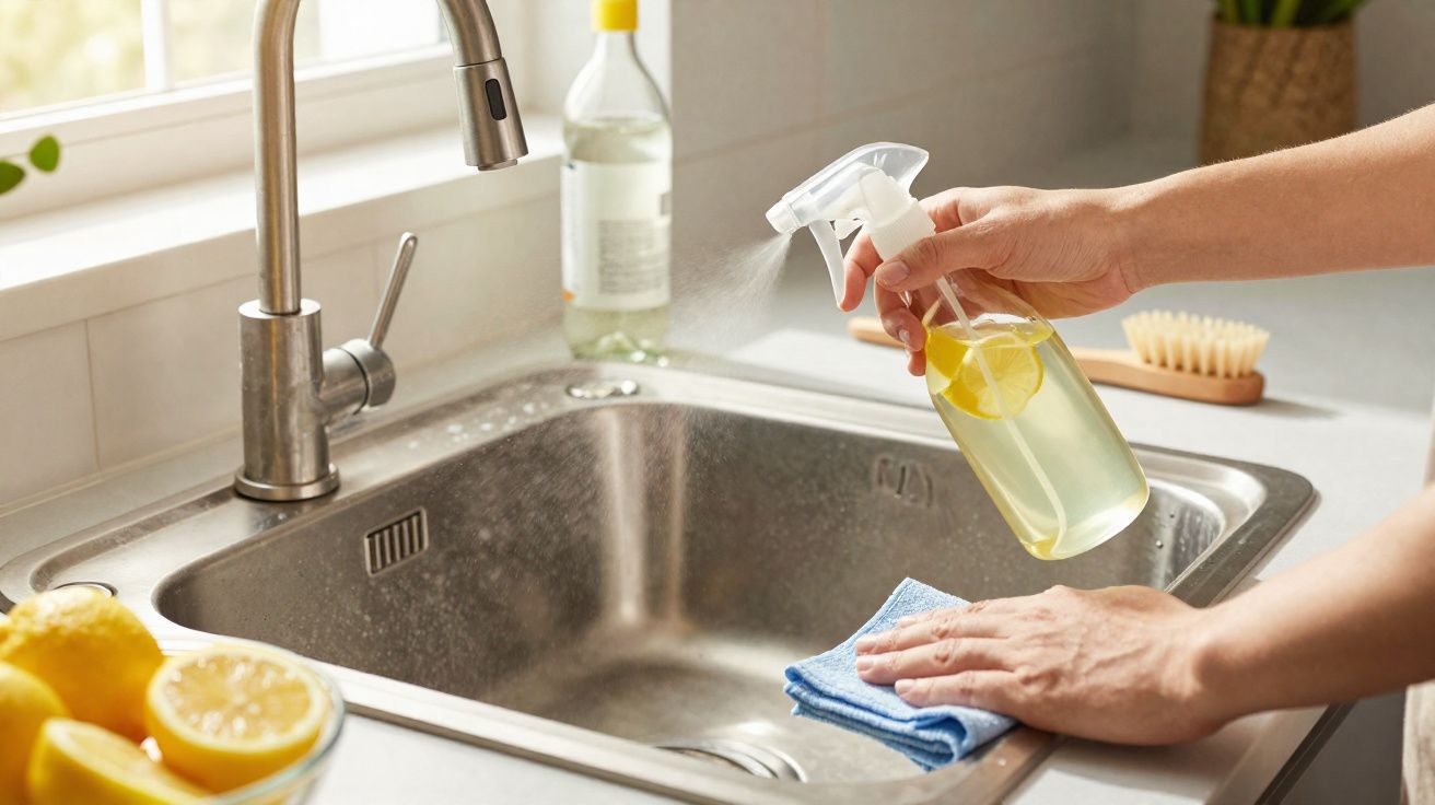 Pessoa a limpar uma pia de cozinha em aço inox com spray caseiro de limão e pano azul.