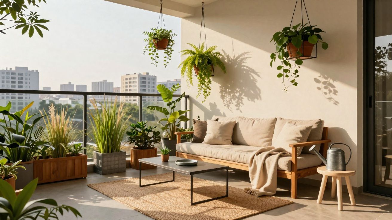 Varanda com sofá de madeira, plantas variadas, mesa baixa e chão com tapete rústico à luz do dia.