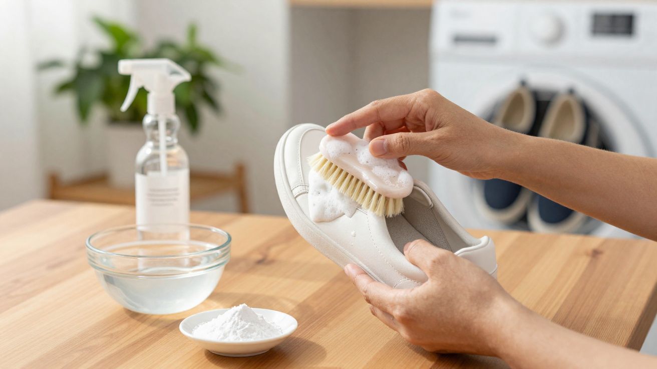 Pessoa a limpar sapato branco com escova de cerdas e espuma, com produtos de limpeza numa mesa de madeira.