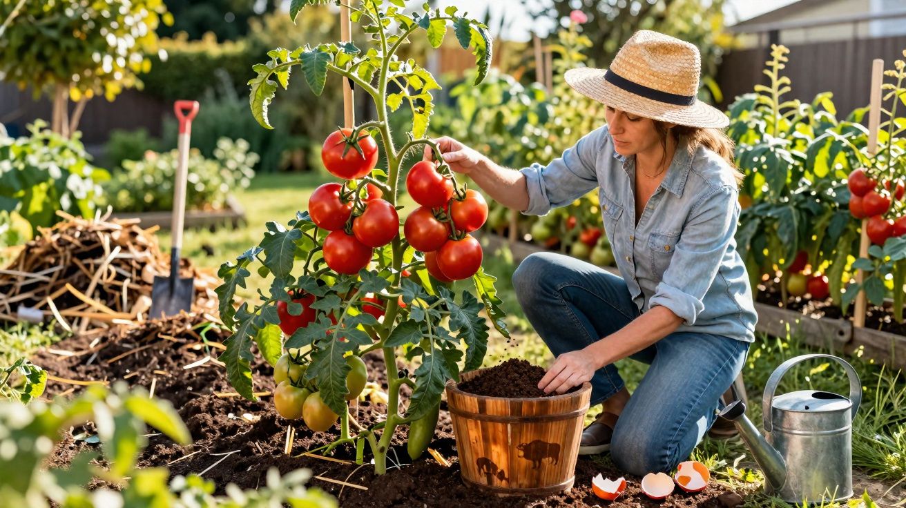 Mulher com chapéu a cuidar de tomateiras num jardim ensolarado, com regador e vasilha de barro.