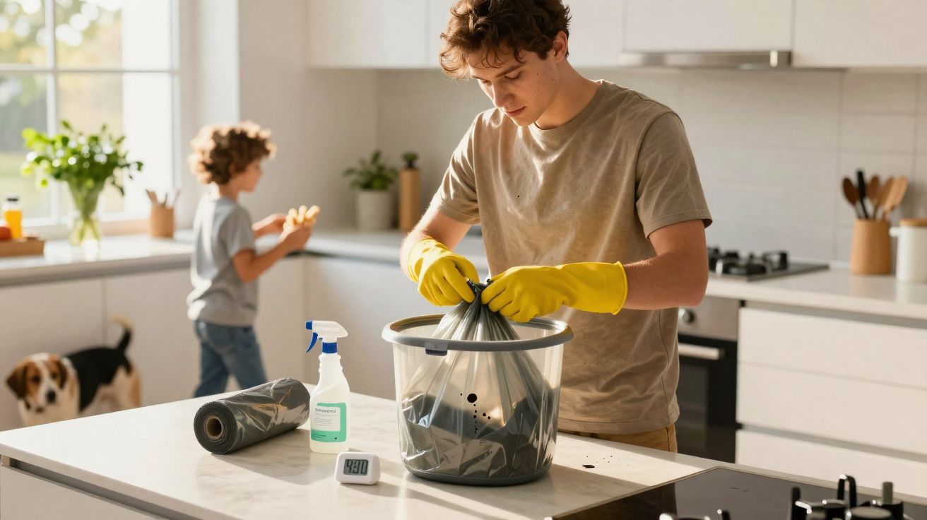 Jovem com luvas amarelas a fechar saco de lixo na cozinha enquanto criança e cão estão ao fundo.