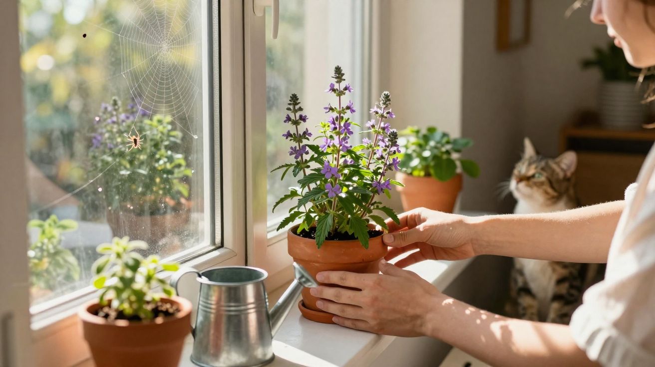 Mãos a cuidar de planta roxa num vaso na janela com regador, aranha numa teia e gato no fundo.