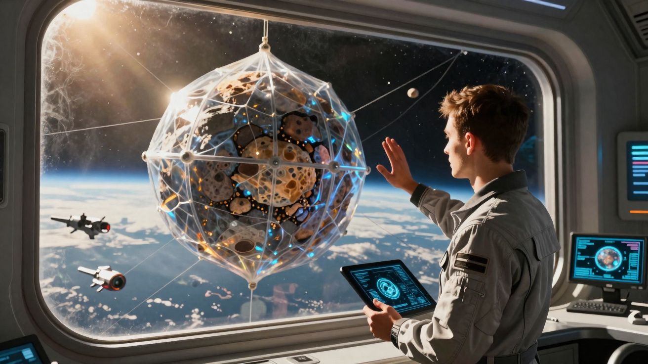 Astronauta observa uma estrutura futurista flutuando no espaço através da janela de uma nave espacial.