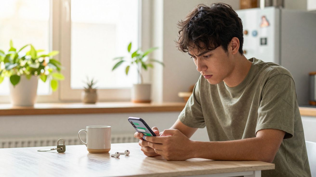 Jovem sentado à mesa com chávena, auscultadores e chave, a olhar para o telemóvel numa cozinha iluminada.