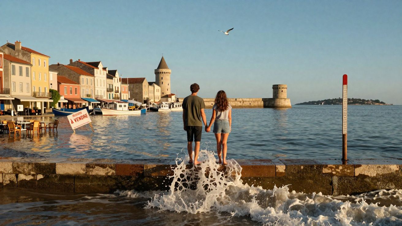 Casal de costas de mãos dadas a olhar o mar, com ondas a rebentar no muro e edifícios históricos ao fundo.