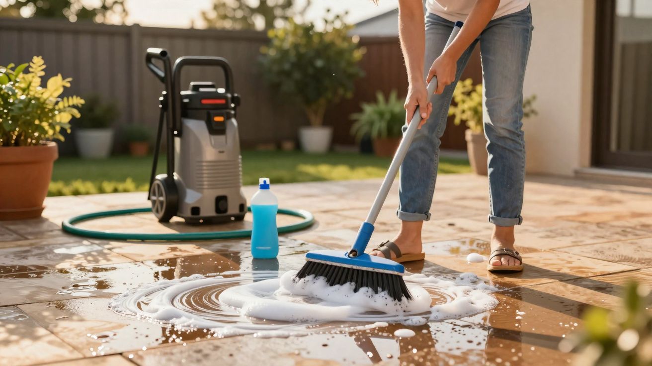 Pessoa a lavar o chão do terraço com esfregona, detergente e lavadora de alta pressão ao fundo.