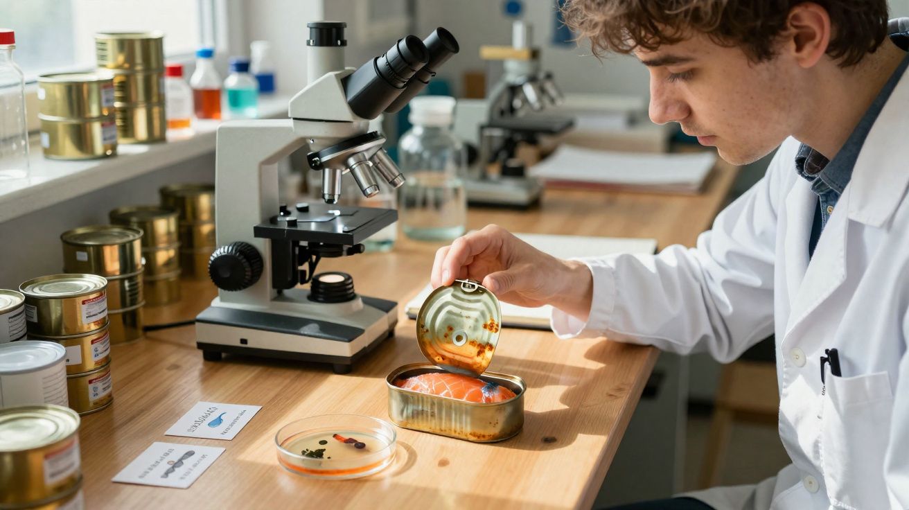Cientista em laboratório a inspecionar peixe enlatado com microscópio e amostras em placa de Petri na mesa.
