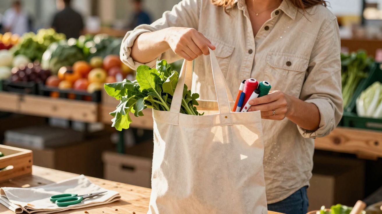 Pessoa com camisa bege guarda folhas verdes e rolos de linha numa ecobag num mercado ao ar livre.