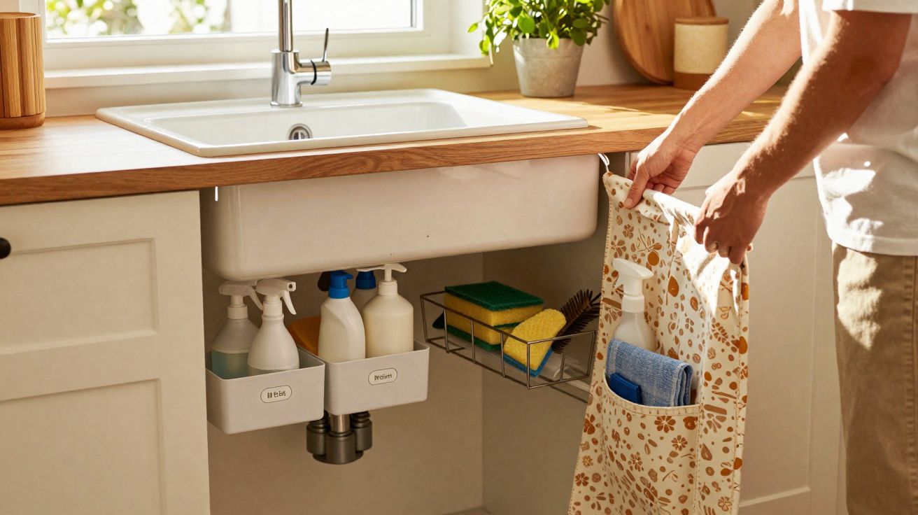Pessoa a organizar produtos e esponjas de limpeza debaixo de uma pia de cozinha iluminada.