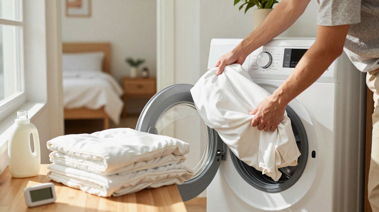 Pessoa a colocar roupas brancas na máquina de lavar roupa numa casa iluminada e arrumada.