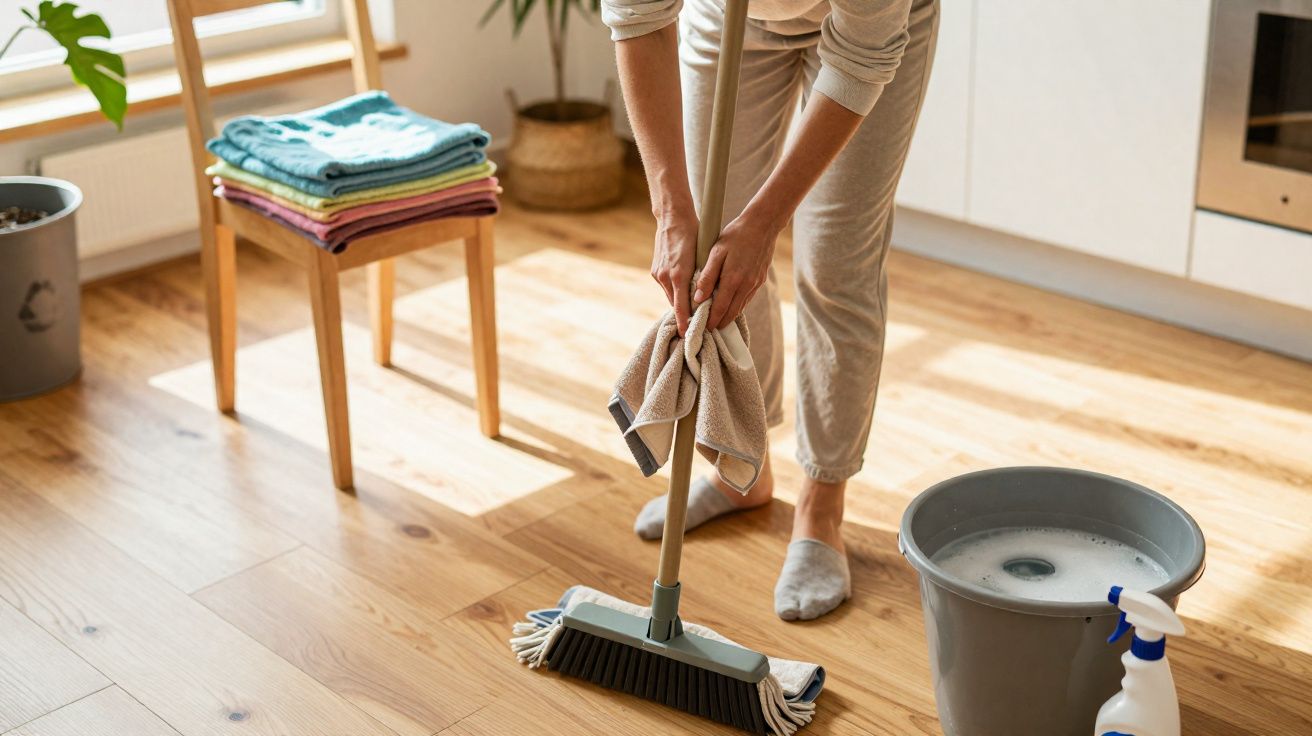 Pessoa a limpar chão de madeira com esfregona numa cozinha, com balde e produtos de limpeza ao lado.