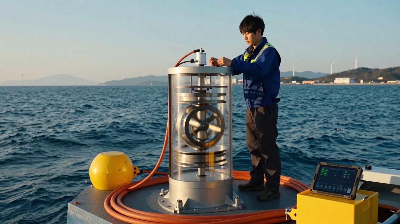 Homem a ajustar equipamento científico num barco no mar com montanhas ao fundo.