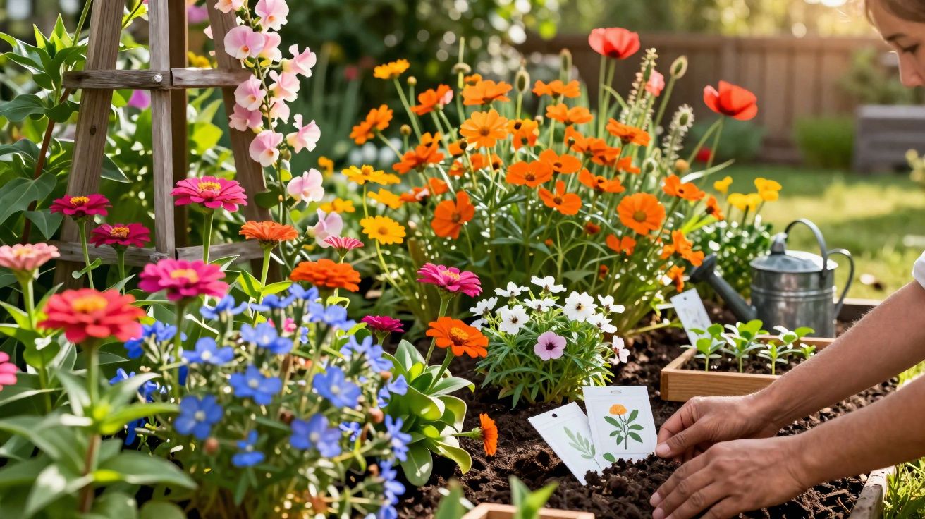 Pessoa a plantar flores coloridas num jardim com várias plantas e regador ao fundo.