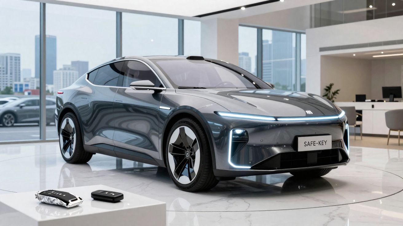 Carro elétrico cinza escuro com luzes LED, exposto numa sala moderna e brilhante, com chave electrónica em primeiro plano.