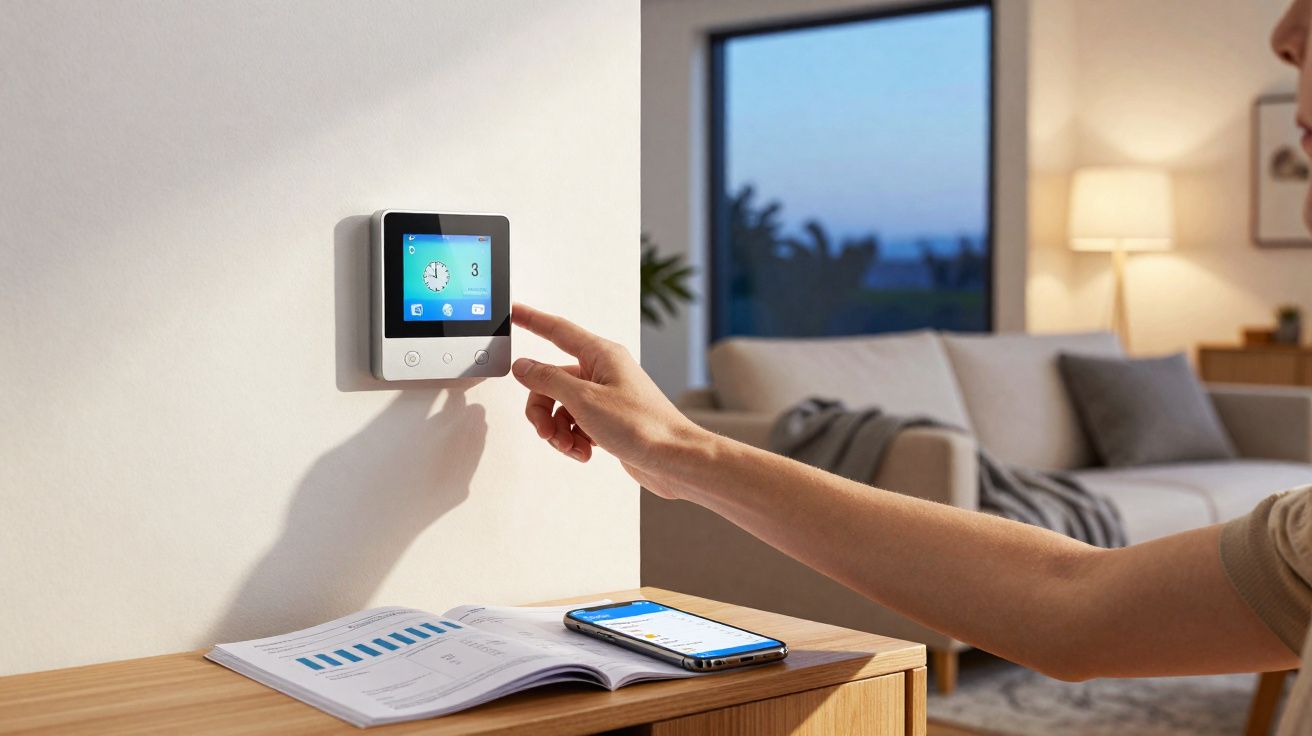 Pessoa ajusta termóstato digital numa sala de estar moderna, com smartphone e documentos numa mesa próxima.