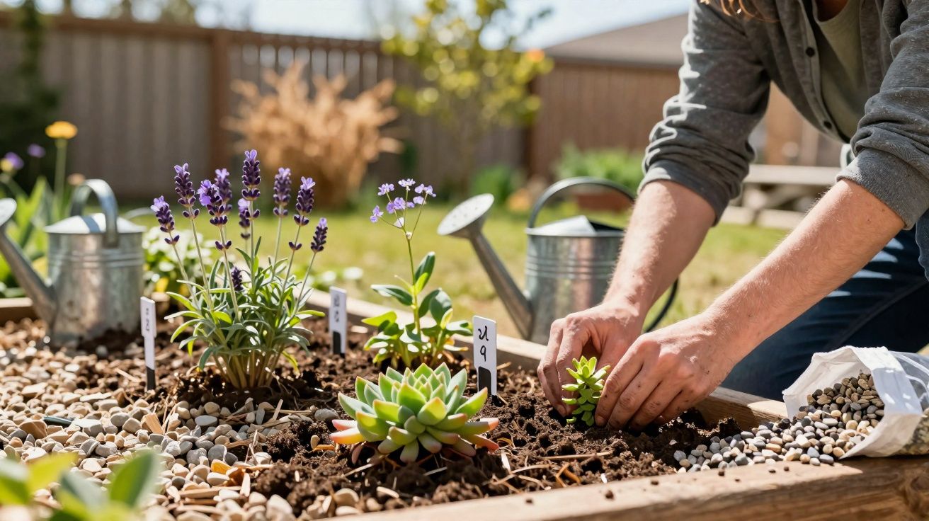 Pessoa a plantar suculentas num canteiro de jardim com regadores e plantas floridas ao redor.