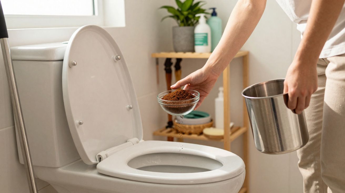Pessoa a deitar pó de café na sanita aberta numa casa de banho com planta e produtos de higiene ao fundo.