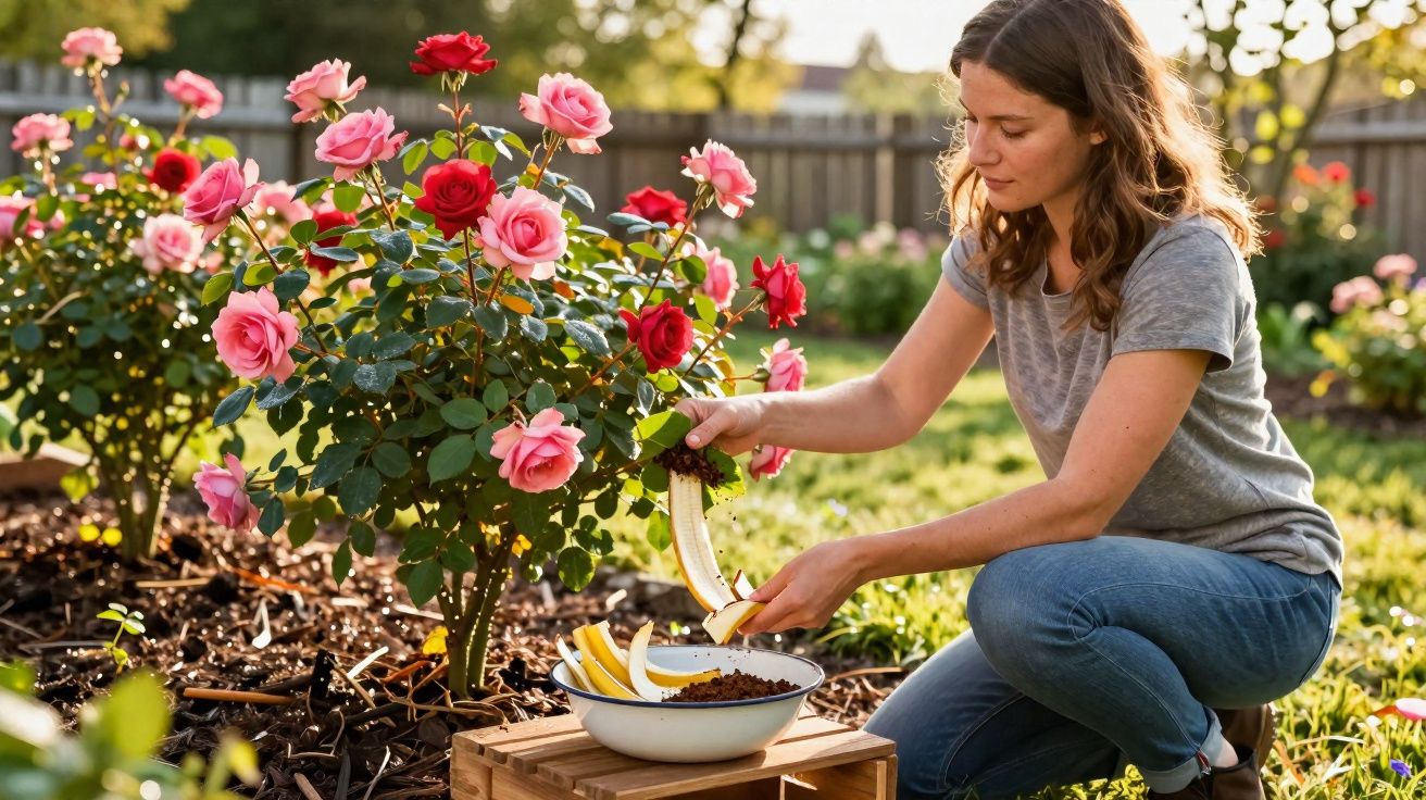 Mulher a adubar roseira com cascas de banana num jardim ao ar livre, rodeada de flores coloridas.