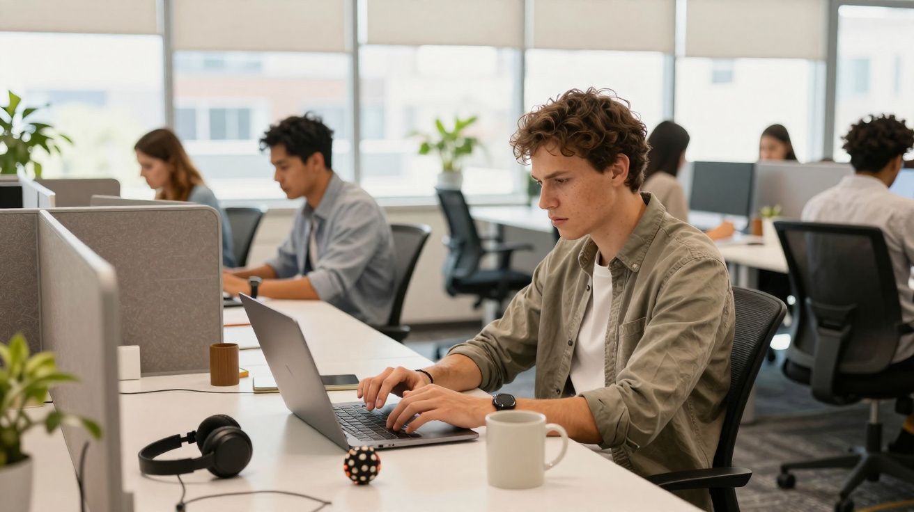 Jovem a trabalhar num escritório moderno, focado num portátil com colegas ao fundo.