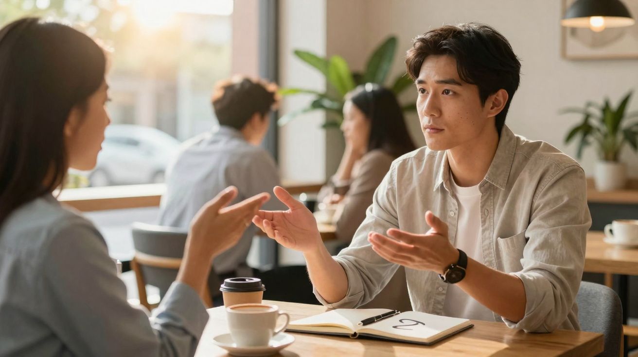 Homem e mulher a conversar numa mesa de café com cadernos e chávenas, ambiente iluminado e relaxado.